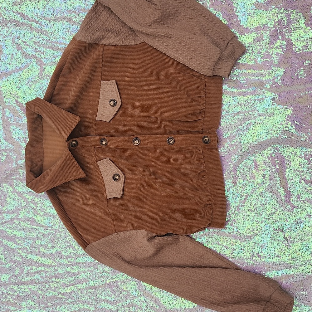 Brown Corduroy Like Cropped Jacket! So Adorable! Pretty Sleeves! Large